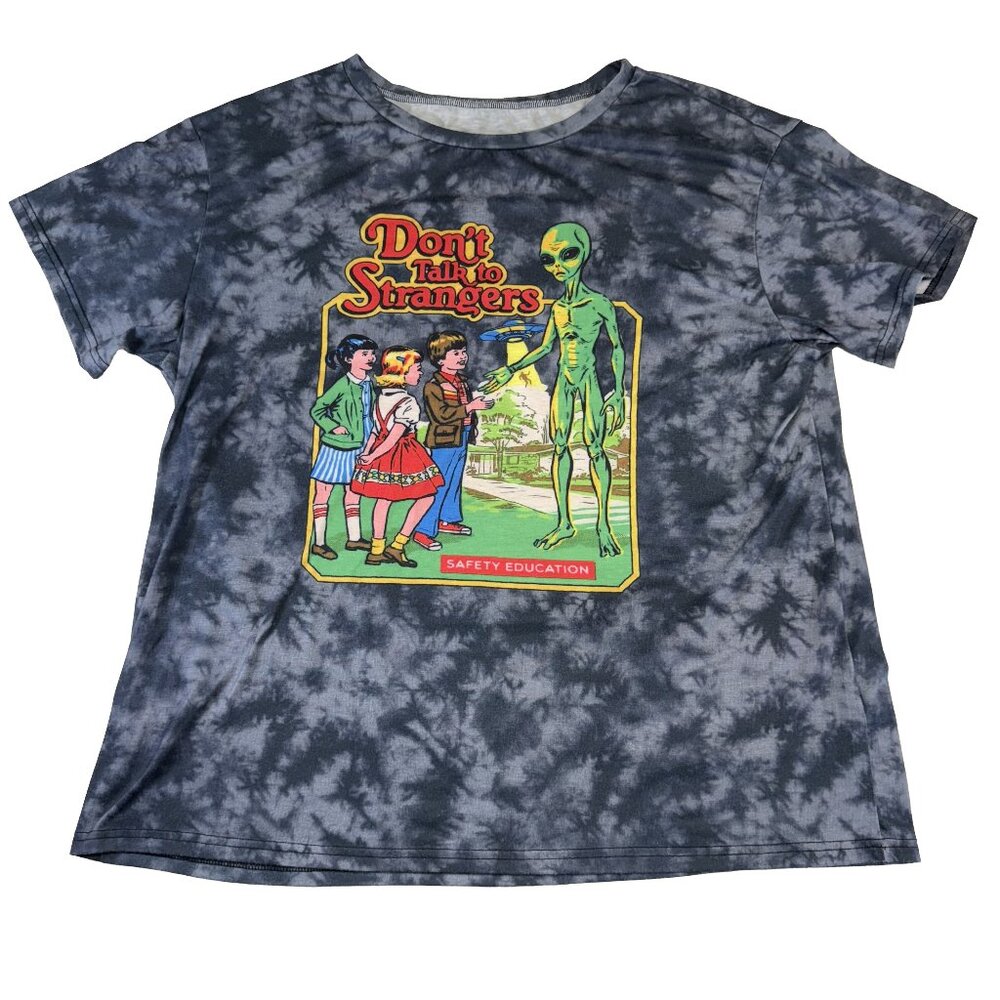 ROMWE “Don’t Talk to Strangers” Alien Graphic Tee 2XL – Tie-Dye Safety Education